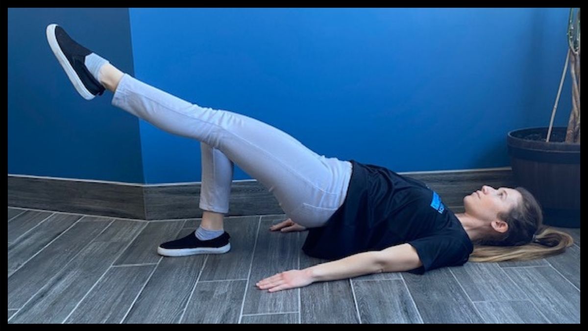 Pelvic up lie down pose but with one leg out straight