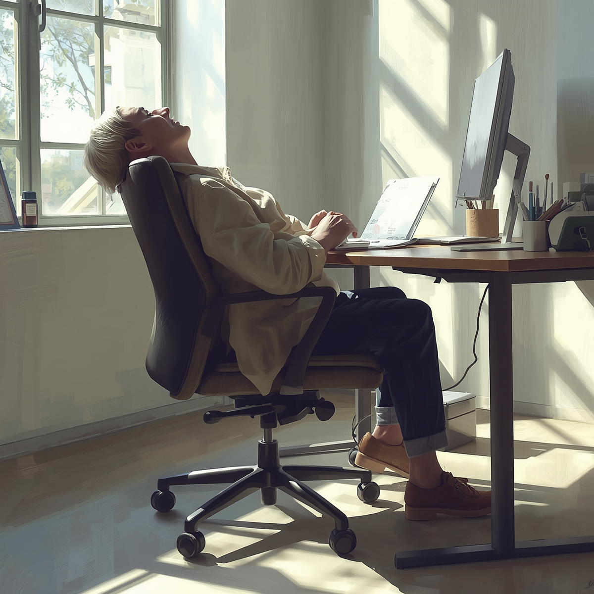 Woman slouching in her desk chair at her office.