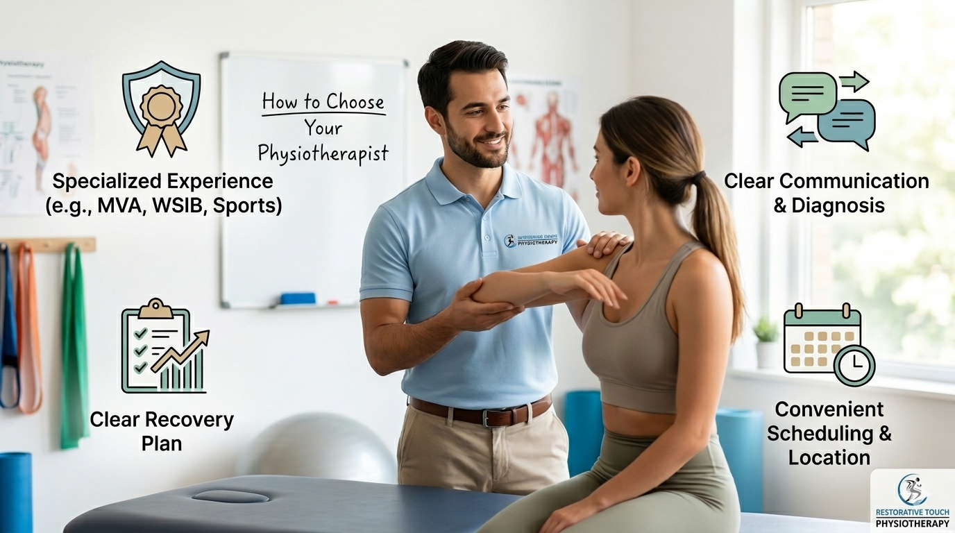 Physiotherapy performing Assessment with graphics of key features to look for when finding a physiotherapy.