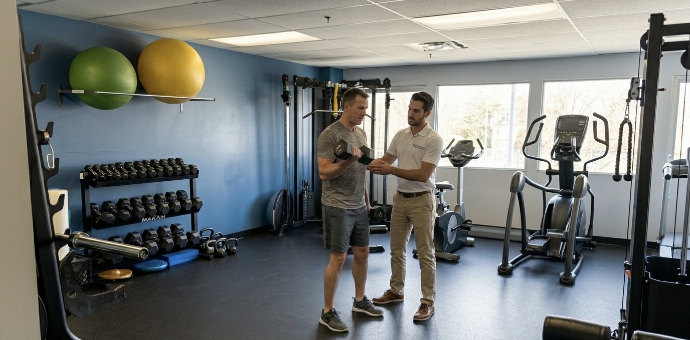 Physiotherapist helping patient with exercises.