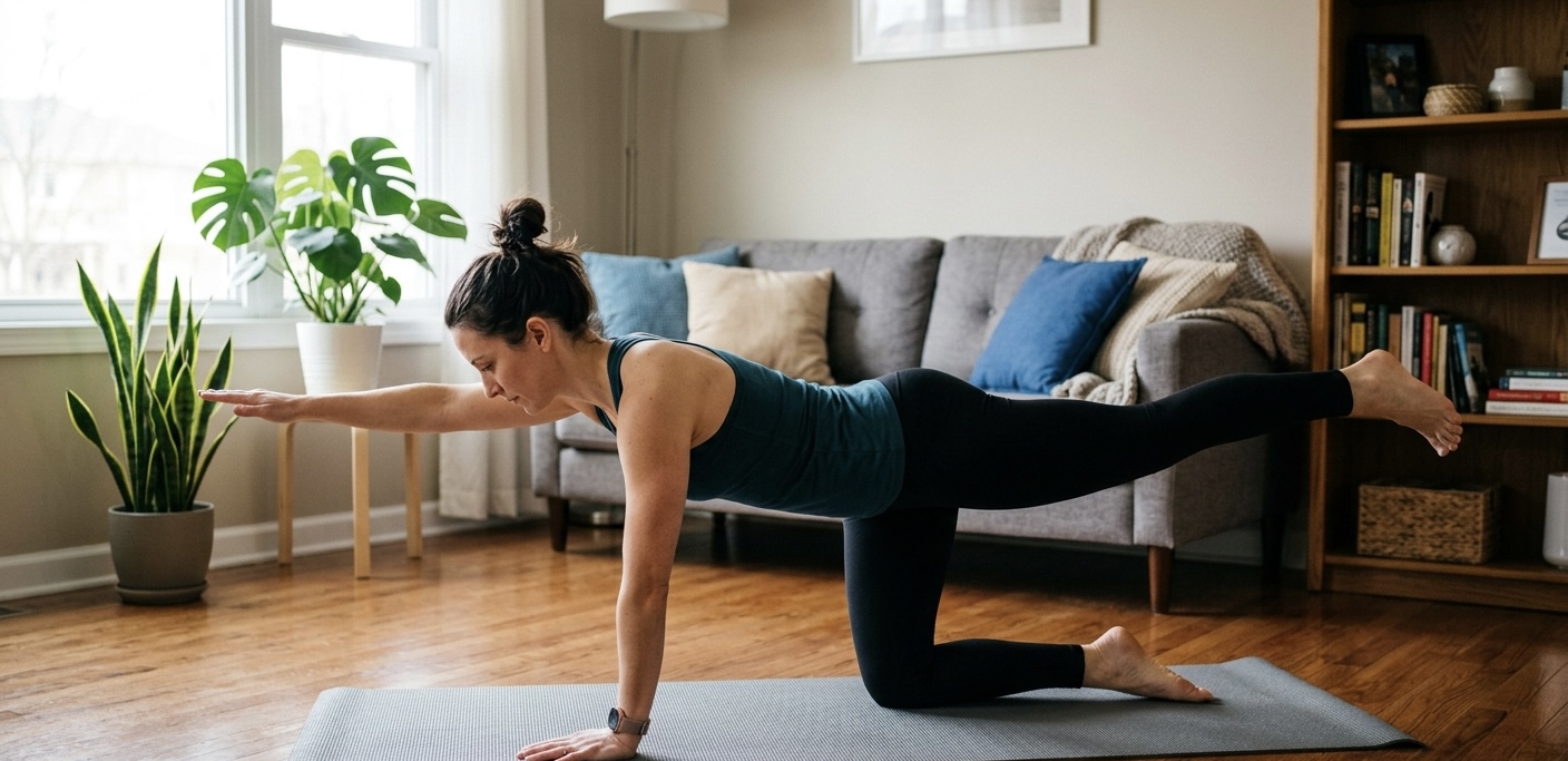 Physiotherapy patient doing an exercise at home.