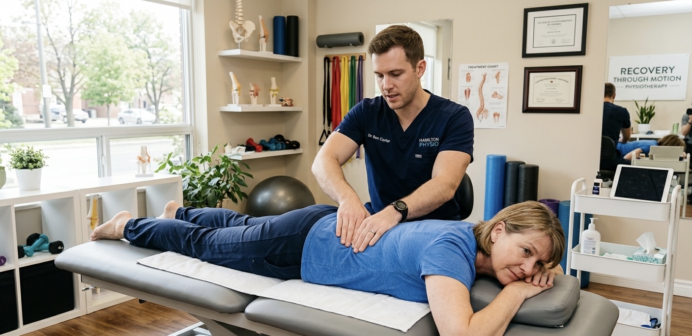 Physiotherapist treating a patient’s low back pain.