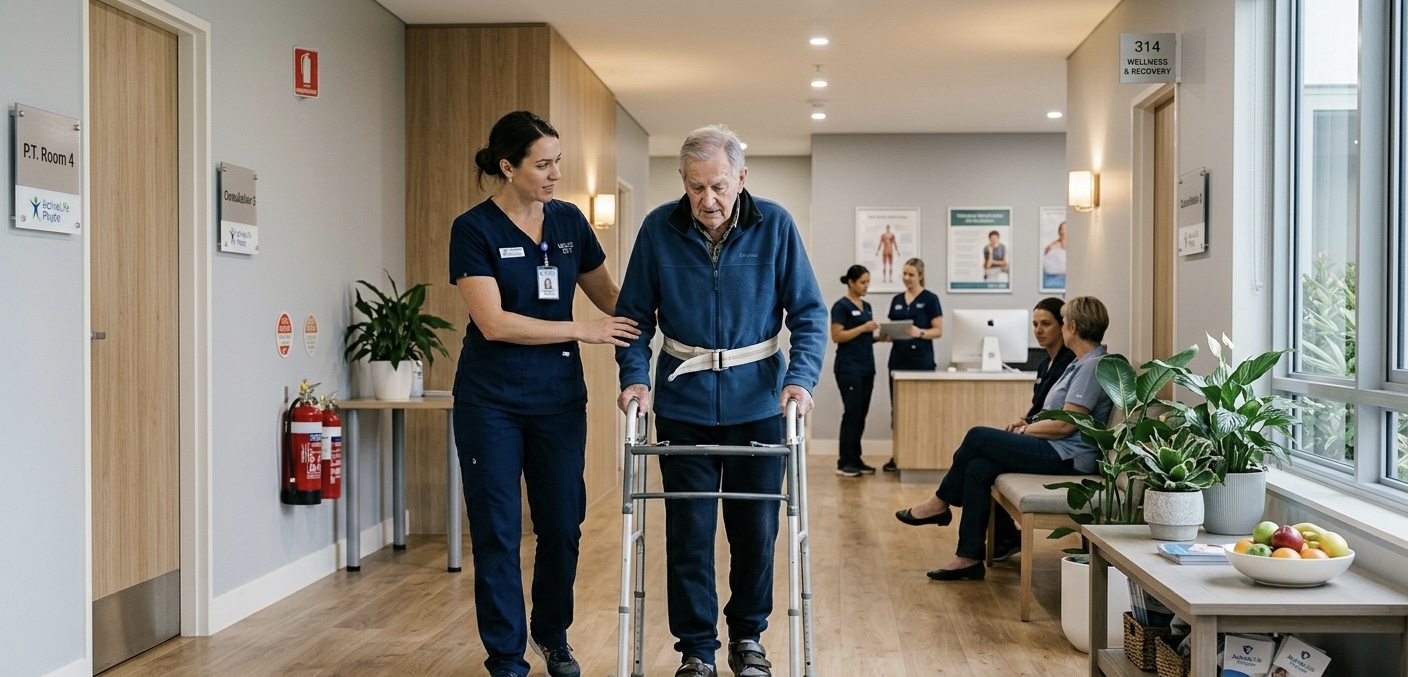A physiotherapist helping a patient down the hall.