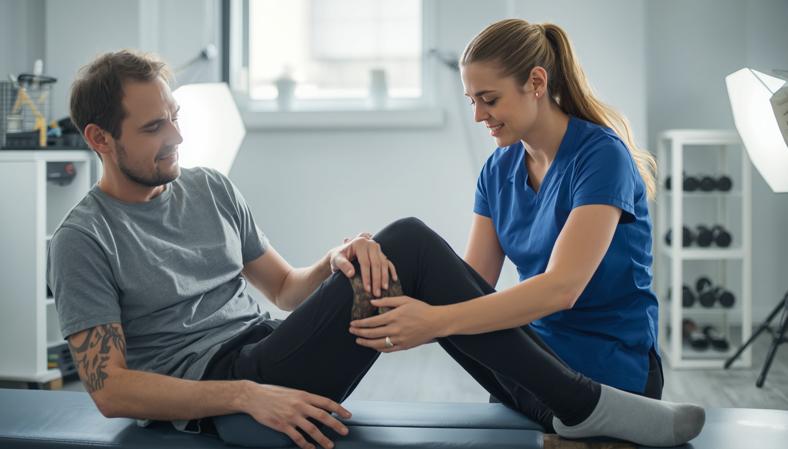 A physiotherapist examining a patients knee.