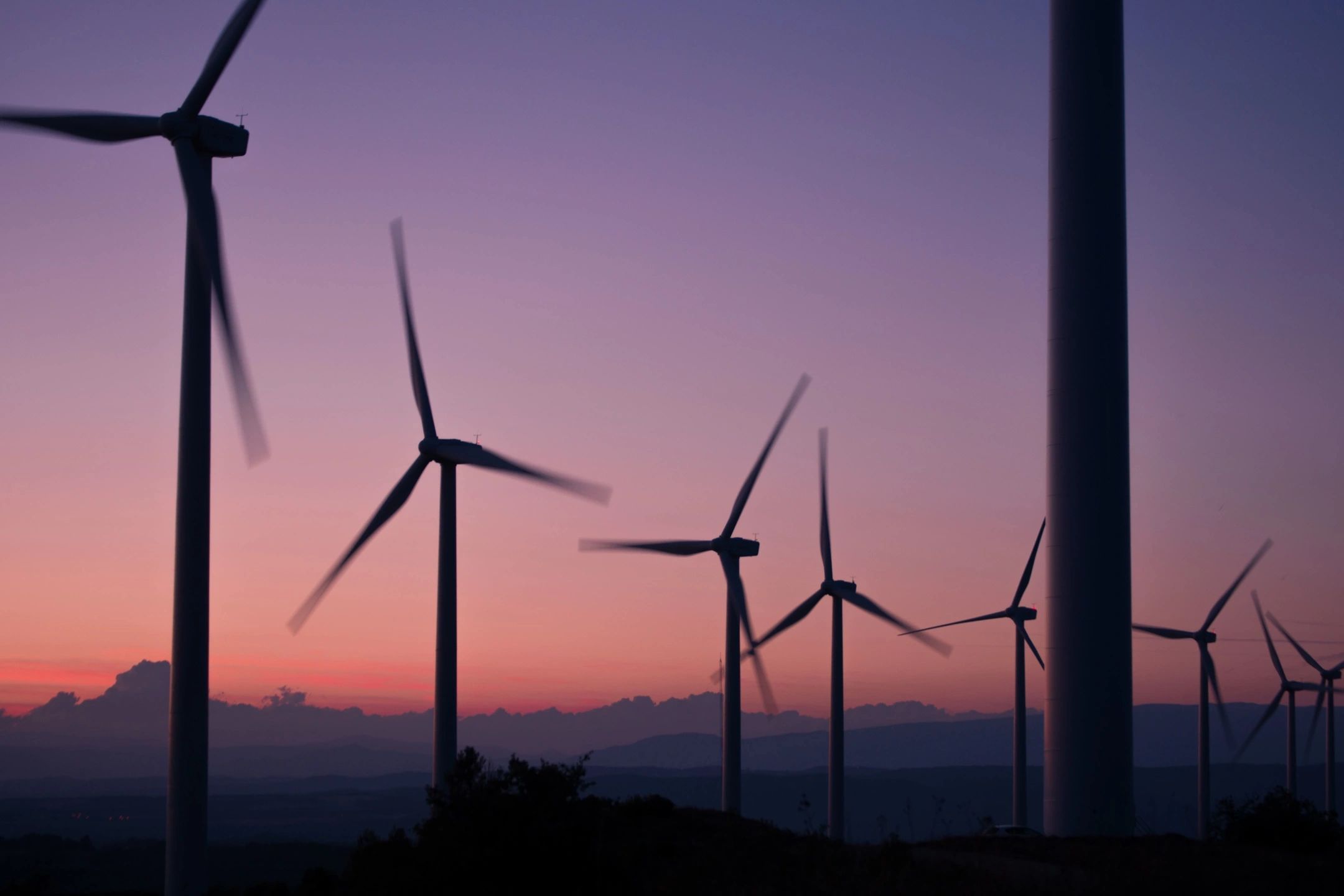 A photo of windmills at dusk.